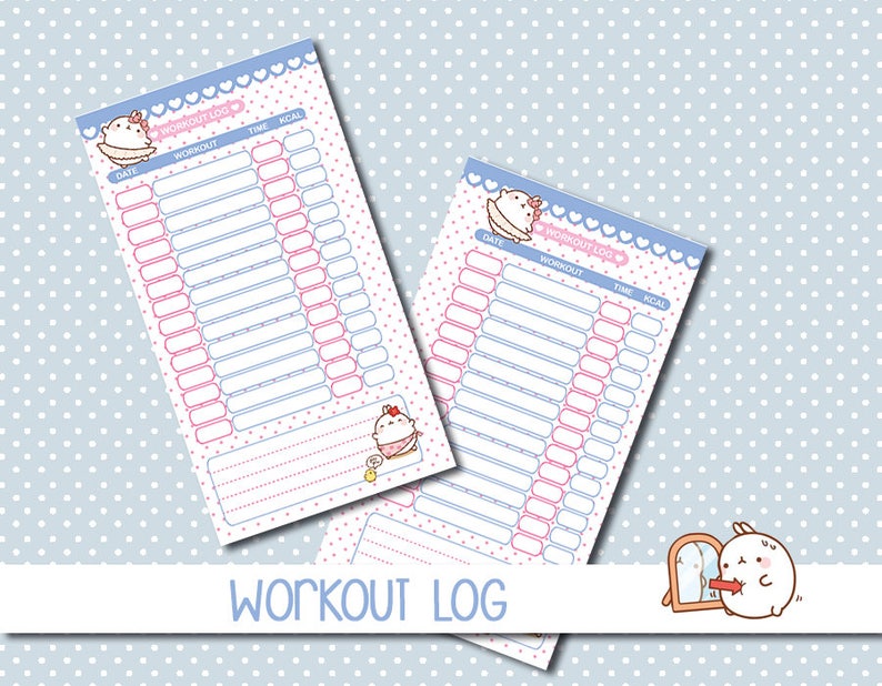 May include: Two printable workout log sheets with a pink and blue polka dot background. The sheets feature a cute cartoon bunny character and the text "Workout Log".