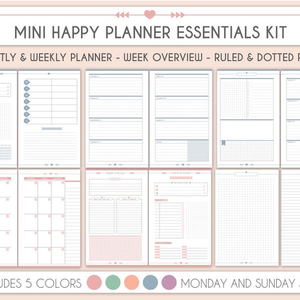 Mini Happy Planner Essential Pack, Wochenplaner, Monatsplaner druckbare bunte Planer Einsätze Notizen Seiten, Planer Kit, Planner Pack