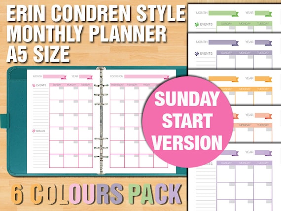 Erin Condren Style Printable Monthly Planner SUNDAY START | Etsy