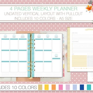 Op de afbeelding: Een weekplanner met 4 pagina's, ongedateerd, verticale lay-out, uittrekbaar gedeelte en 10 kleur opties. De planner is A5 formaat.