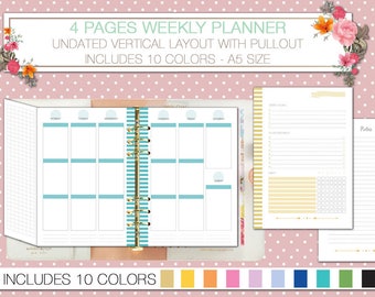 A5 planner printable undated weekly planner on 4 pages with pullout vertical layout WO4P notes and tracker filofax a5 week on two pages