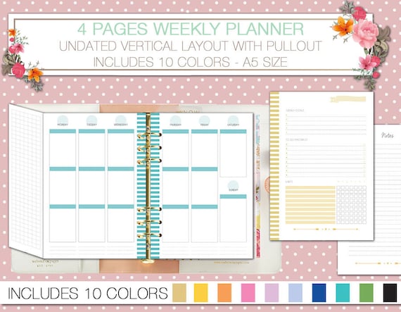 A5 planner printable undated weekly planner on 4 pages with pullout vertical layout WO4P notes and tracker filofax a5 week on two pages
