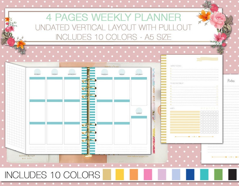 A5 planner printable undated weekly planner upon 4 internet pages with pullout vertical structure WO4P notes and tracker filofax a5 7 days upon 2 web pages image regarding A5 Planner Printable called A5 planner printable undated weekly planner upon 4 web pages with pullout vertical style WO4P notes and tracker filofax a5 7 days upon 2 internet pages