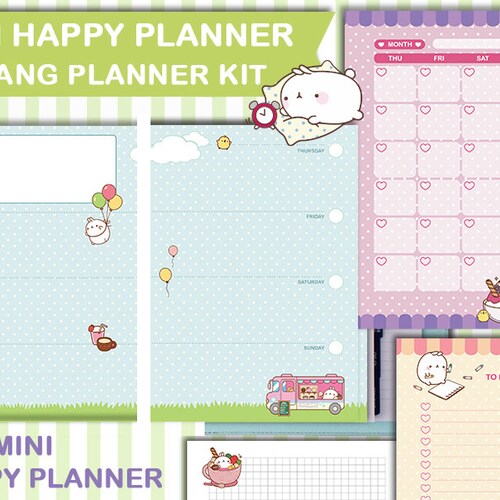 Happy planner mini afdrukbare molang-inserts, plannerpagina's, wekelijkse spread, maandelijkse weergave, takenlijst