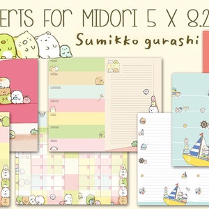 May include: A set of printable inserts for a Midori Traveler's Notebook featuring a Sumikko Gurashi theme. The inserts include a lined page, a grid page, a calendar page, a weekly planner page, and a page with a cute illustration of the Sumikko Gurashi characters on a boat.