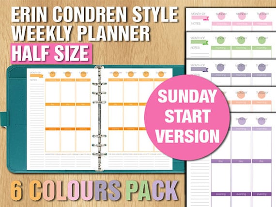 Erin Condren style Half size weekly planner printable vertical layout week on two pages sunday start version