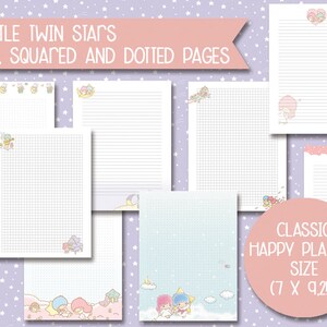 Może przedstawiać: 24 drukowanych stron planera z postaciami Little Twin Stars. Strony są liniowane, kwadratowe i kropkowane. Strony są zaprojektowane dla klasycznego rozmiaru Happy Plannera 17,8 cm x 23,5 cm.