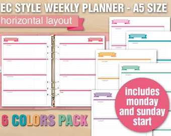 Puede incluir: Un planificador semanal A5 rosa con diseño horizontal. El planificador incluye 6 opciones de color y presenta un inicio en lunes y domingo. El planificador tiene una cubierta rosa e incluye varias páginas con secciones para cada día de la semana.