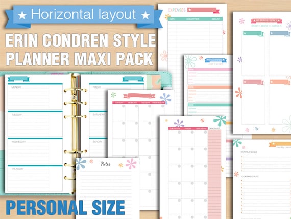 Erin Condren style planner horizontal layout - Maxi Pack - monday and sunday start - personal size