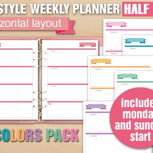May include: Six different color weekly planner pages in a horizontal layout. The pages are designed for a half-size planner and include Monday and Sunday start options. The text "6 COLORS PACK" is displayed at the bottom of the image.