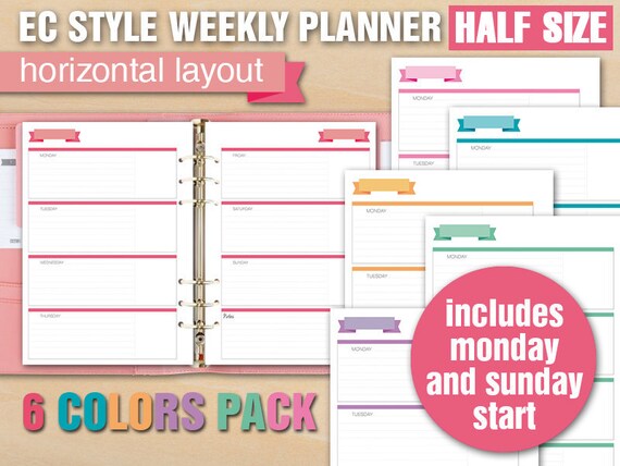 Erin Condren Style Weekly Planner Printable, Half Size, Daily Schedule, Weekly Planner Pages, Weekly Calendar, Horizontal Layout - Etsy