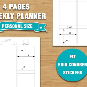 Op de afbeelding: Een witte weekplanner met een blauwe ster aan elke kant van de tekst "PERSONAL SIZE". De planner is verdeeld in vier pagina's, elk met een raster voor planning. De planner is ontworpen om te passen bij Erin Condren-stickers.