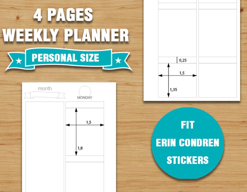 Op de afbeelding: Een witte weekplanner met een blauwe ster aan elke kant van de tekst "PERSONAL SIZE". De planner is verdeeld in vier pagina's, elk met een raster voor planning. De planner is ontworpen om te passen bij Erin Condren-stickers.