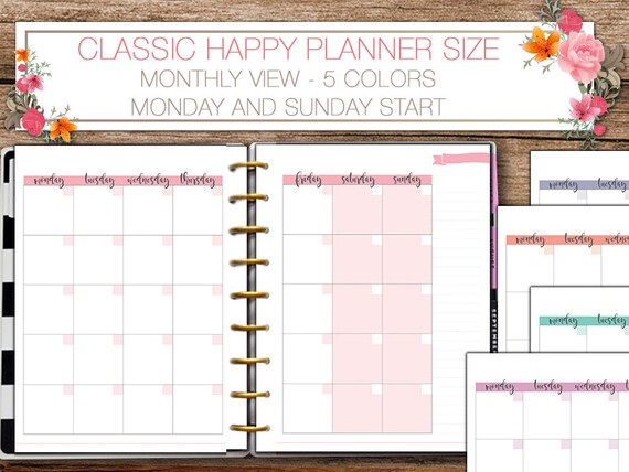 Happy planner printable monthly planner inserts Classic Happy Planner PDF 7 x 9.25 mambi planner