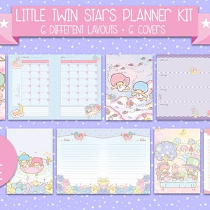 Könnte beinhalten: Ein Planer-Set mit den Figuren von Little Twin Stars. Das Set enthält sechs verschiedene Layouts und sechs Cover. Die Cover zeigen verschiedene Szenen mit den Figuren, darunter ein rosa-weißes Blumenmuster, ein blau-weißes Wolkenmuster, ein rosa-lilafarbenes Muster mit Sternen, ein blau-weißes Muster mit Fischen, ein rosa-weißes Muster mit einer Teeparty und ein rosa-weißes Muster mit einem Kalender.