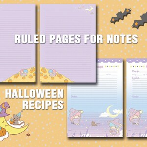 Puede incluir: P&aacute;ginas de recetas de Halloween imprimibles con un lindo tema de dibujos animados. Las p&aacute;ginas presentan un fondo morado y azul con estrellas, una luna creciente y un gato con un sombrero de bruja. El texto "Recetas de Halloween" est&aacute; impreso en una fuente grande en la parte inferior de la p&aacute;gina.
