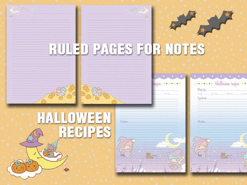Puede incluir: P&aacute;ginas de recetas de Halloween imprimibles con un lindo tema de dibujos animados. Las p&aacute;ginas presentan un fondo morado y azul con estrellas, una luna creciente y un gato con un sombrero de bruja. El texto "Recetas de Halloween" est&aacute; impreso en una fuente grande en la parte inferior de la p&aacute;gina.