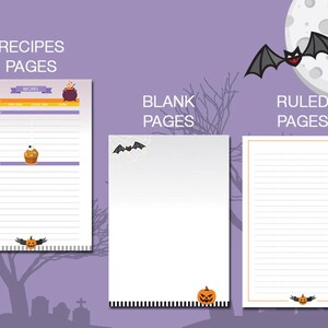 Puede incluir: P&aacute;ginas imprimibles con tem&aacute;tica de Halloween con una p&aacute;gina de recetas, una p&aacute;gina en blanco y una p&aacute;gina con l&iacute;neas. La p&aacute;gina de recetas tiene un caldero, una magdalena y una calabaza. La p&aacute;gina en blanco tiene un murci&eacute;lago y una calabaza. La p&aacute;gina con l&iacute;neas tiene una ara&ntilde;a y una calabaza.