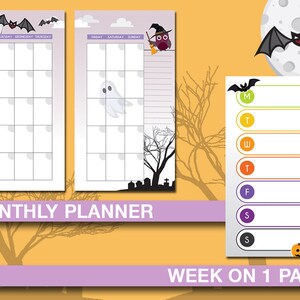 Puede incluir: Dos p&aacute;ginas de planificador mensual imprimibles con tem&aacute;tica de Halloween y una p&aacute;gina de planificador semanal. Las p&aacute;ginas mensuales presentan un gato negro, un fantasma y un b&uacute;ho. La p&aacute;gina semanal presenta una ara&ntilde;a, un murci&eacute;lago y calabazas.