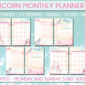 May include: A printable monthly planner featuring a unicorn theme. The planner includes 12 months, goal setting pages, to-do lists, and note pages. The planner is undated and comes in both Monday and Sunday start versions.