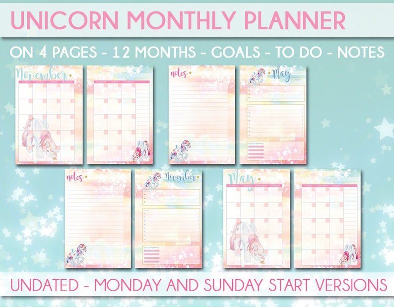 May include: A printable monthly planner featuring a unicorn theme. The planner includes 12 months, goal setting pages, to-do lists, and note pages. The planner is undated and comes in both Monday and Sunday start versions.