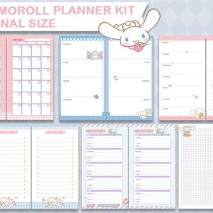 May include: A planner kit featuring the Cinnamoroll character. The kit includes a monthly calendar, weekly spreads, lined pages, and a gridded page. The pages are decorated with pastel colors and cute illustrations of Cinnamoroll.
