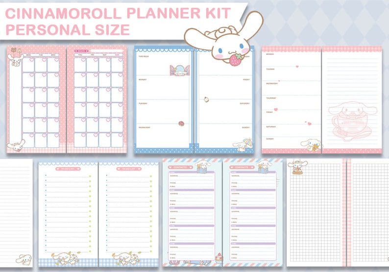 May include: A planner kit featuring the Cinnamoroll character. The kit includes a monthly calendar, weekly spreads, lined pages, and a gridded page. The pages are decorated with pastel colors and cute illustrations of Cinnamoroll.
