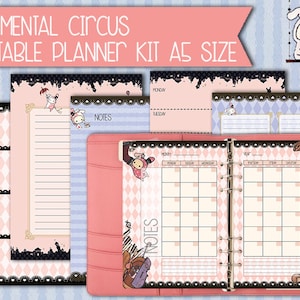 May include: A printable planner kit in A5 size with a whimsical circus theme. The kit includes a weekly spread, daily pages, and a monthly calendar. The design features a pink and white color scheme with black accents and cute cartoon characters.