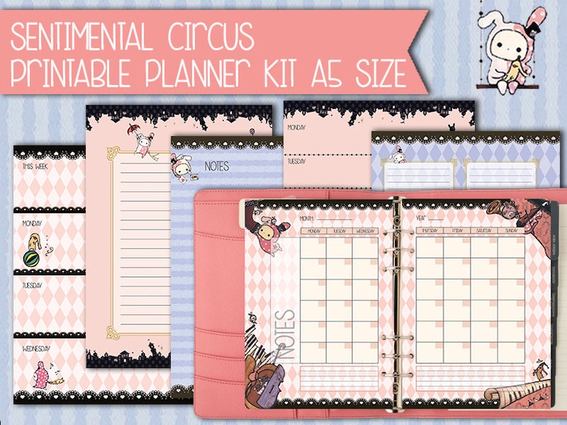 May include: A printable planner kit in A5 size with a whimsical circus theme. The kit includes a weekly spread, daily pages, and a monthly calendar. The design features a pink and white color scheme with black accents and cute cartoon characters.