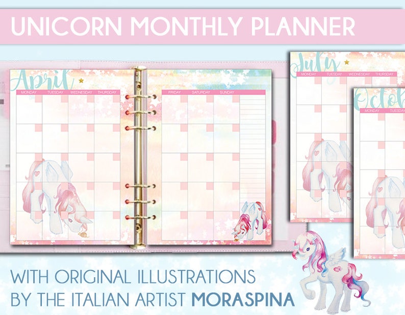 filofax a5 unicorn monthly planner printable refills monday etsy