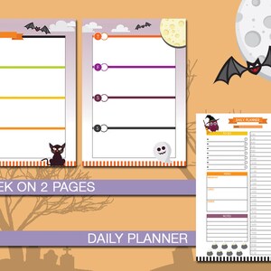 Puede incluir: Dos p&aacute;ginas de planificador semanal imprimibles con tem&aacute;tica de Halloween con una ilustraci&oacute;n de un gato negro y un fantasma y una p&aacute;gina de planificador diario con una ilustraci&oacute;n de una bruja y un caldero. Las p&aacute;ginas tienen un borde a rayas y est&aacute;n decoradas con murci&eacute;lagos y lunas.