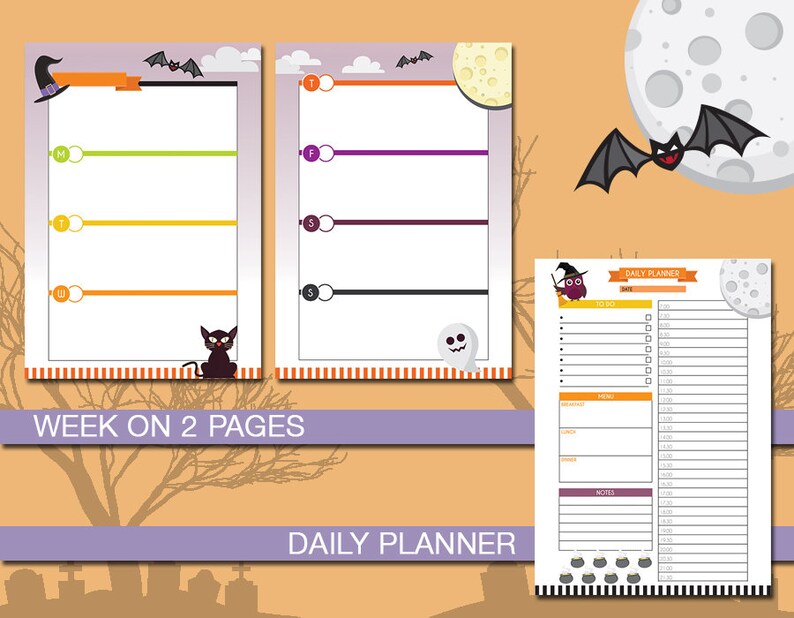 Puede incluir: Dos p&aacute;ginas de planificador semanal imprimibles con tem&aacute;tica de Halloween con una ilustraci&oacute;n de un gato negro y un fantasma y una p&aacute;gina de planificador diario con una ilustraci&oacute;n de una bruja y un caldero. Las p&aacute;ginas tienen un borde a rayas y est&aacute;n decoradas con murci&eacute;lagos y lunas.