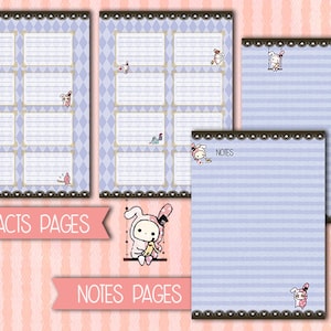 May include: Printable planner pages with a light blue background and a cute cartoon bunny design. The pages are divided into sections for contacts and notes. The contacts pages have a grid layout with spaces for names, phone numbers, and addresses. The notes pages have lined paper for writing.