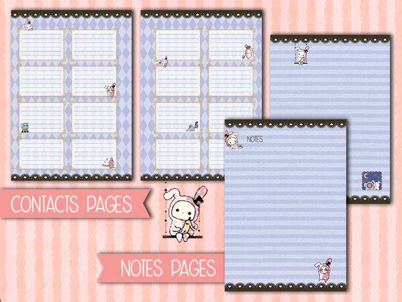 May include: Printable planner pages with a light blue background and a cute cartoon bunny design. The pages are divided into sections for contacts and notes. The contacts pages have a grid layout with spaces for names, phone numbers, and addresses. The notes pages have lined paper for writing.