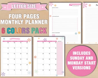 Letter size Monthly planner month at glance calendar to do list notes sunday start monday start undated planner