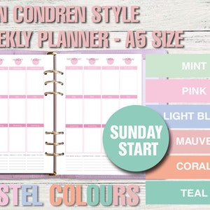 Puede incluir: Una agenda semanal de tamaño A5 con un diseño rosa y blanco. La agenda tiene una sección para cada día de la semana, comenzando por el domingo. La agenda está disponible en una variedad de colores pastel, incluyendo menta, rosa, azul claro, malva, coral y turquesa.