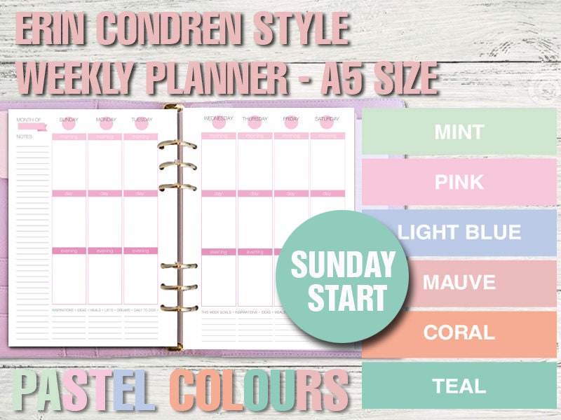 Erin Condren Style Printable Weekly Planner - A5 Size - PASTEL VERSION ...