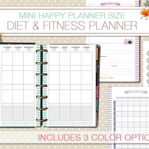 A5 wide size Kawaii health and fitness planner printable food journal workout log health tracker meal planner