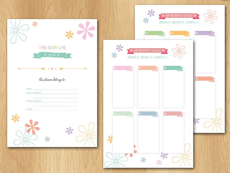 May include: A printable planner with a floral design and the text "This is my life 2016". The planner has sections for monthly goals, a place to write personal information, and a space for notes.