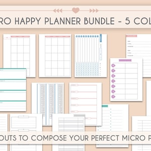 Micro Happy Planner insère un ensemble imprimable de micro-notes Happy notes suivi mensuel des habitudes hebdomadaires liste de tâches planificateur de repas