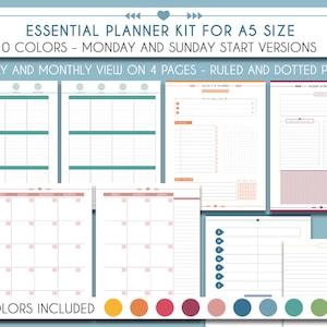 Puede incluir: Un kit de planificador para tamaño A5 con 10 opciones de color. El kit incluye vistas semanales y mensuales en 4 páginas, con páginas rayadas y con puntos. La imagen muestra una variedad de páginas de planificador, incluyendo una vista semanal, un calendario mensual y una página de notas. Las páginas del planificador son todas en un estilo minimalista con un diseño limpio y moderno.