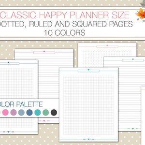 Może przedstawiać: Zestaw drukowanych stron planera w 10 różnych kolorach. Strony są kropkowane, liniowane i kratkowane. Strony są przeznaczone do użytku w klasycznym planerze.