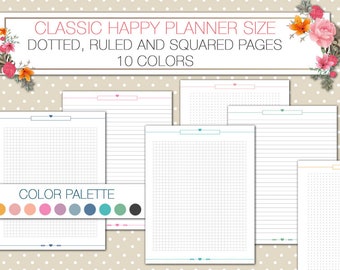 Happy planner dotted ruled squared notes pages printable, PDF,  7 x 9.25 Classic Happy Planner