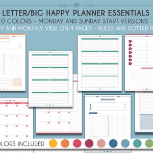Pacote essencial do planejador Big Happy, semana horizontal 10 cores inserções de planejador de letras dos EUA, planejador semanal, mensal, kit de planejador colorido