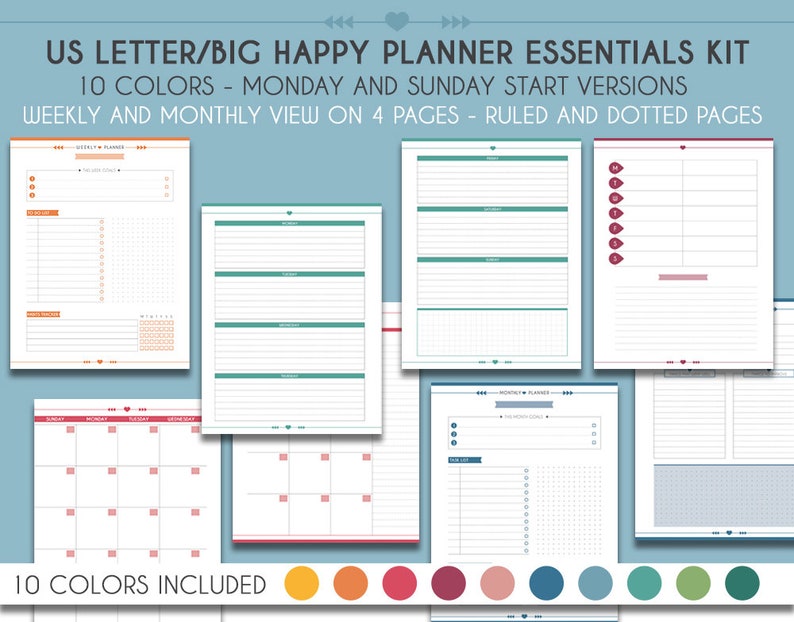 Großes Happy Planner Essentials Pack, horizontale Woche 10 Farben US Letter Planer Einsätze, Wochen-, Monatsplaner, buntes Planer-Kit