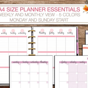 Planer A4 do wydruku, tygodniowe i miesięczne wkładki do planera, strony w linie i kratkę, układ pionowy, początek poniedziałku i niedzieli w formacie PDF