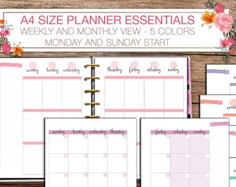 A4 planner printable weekly and monthly planner inserts, ruled and squared pages, vertical layout monday and sunday start PDF