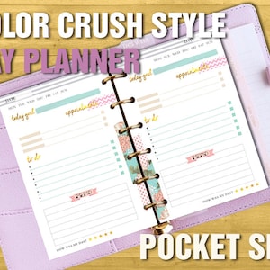 May include: A pink leather-bound pocket-sized day planner with a colorful design. The planner has sections for "today's goal", "appointments", and "to do".