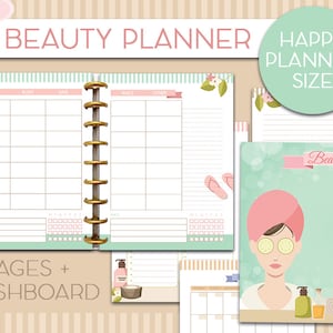 May include: A printable beauty planner with a light green and pink color scheme. The planner has a weekly layout with sections for face, body, hair, nails, and other. It also includes a monthly calendar and a cover page with a cartoon illustration of a woman with a cucumber face mask.