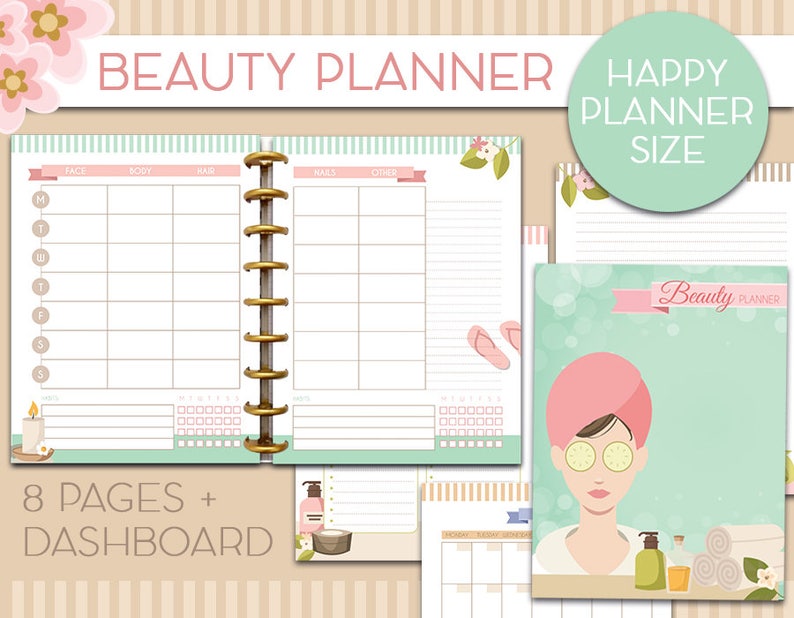 May include: A printable beauty planner with a light green and pink color scheme. The planner has a weekly layout with sections for face, body, hair, nails, and other. It also includes a monthly calendar and a cover page with a cartoon illustration of a woman with a cucumber face mask.